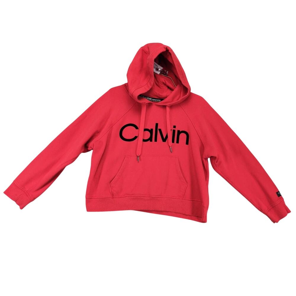 Calvin Klein Performance Red Pullover Crop Hoodie Sweatshirt Women's L Big Logo